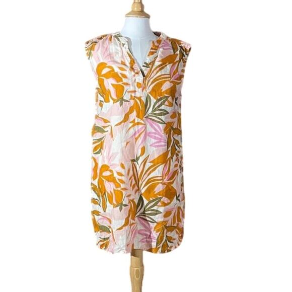 C&C California Petal Pink/Neutral Floral Linen V-Neck Sleeveless Dress, L - Picture 1 of 12